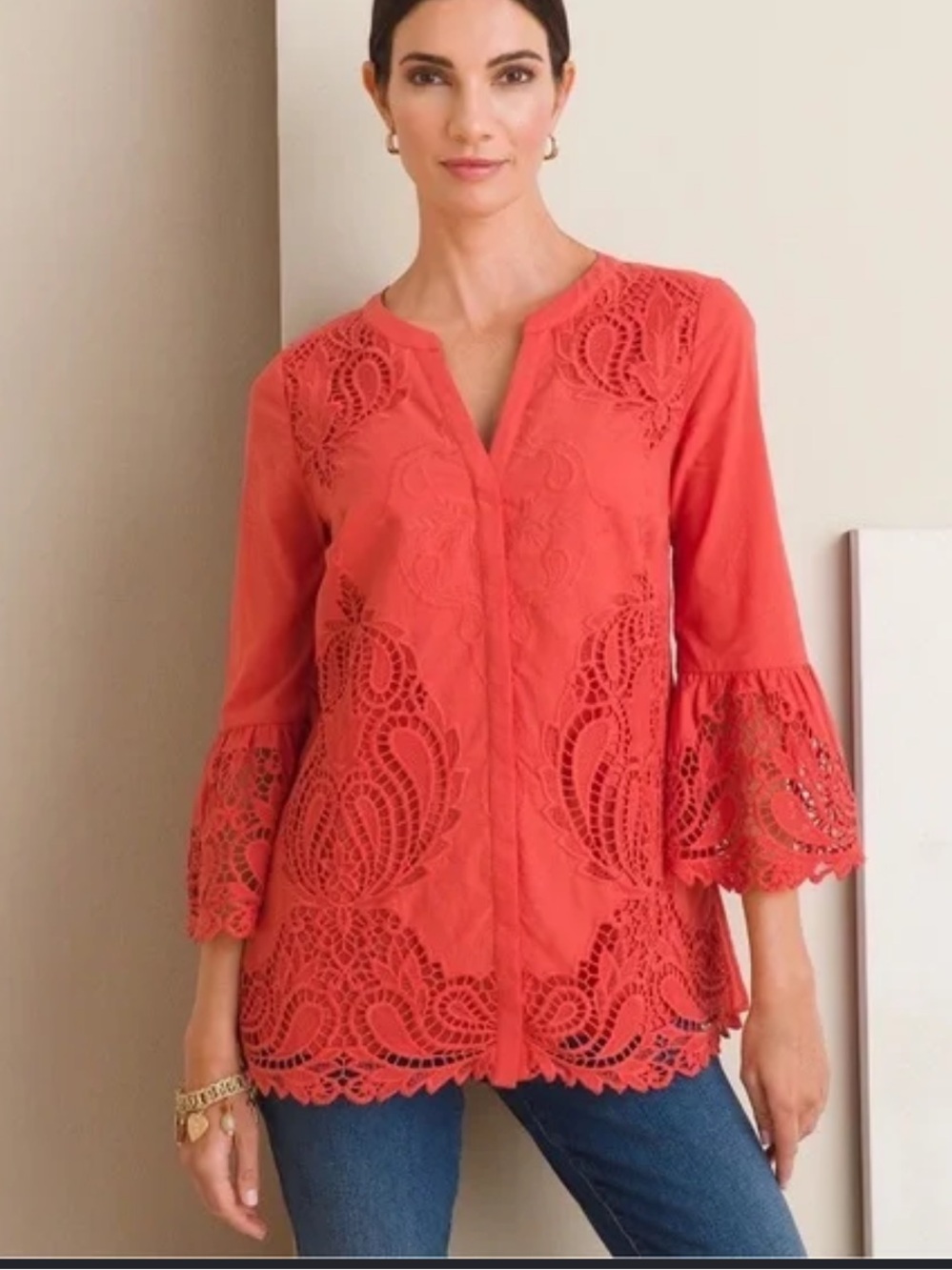 Chico's Coral Lace-Trim Split-Neck Blouse